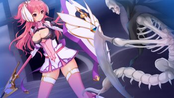 1girl armor battle belt blush boots bow breastplate breasts cleavage cleavage_cutout clenched_teeth clothing_cutout dress dutch_angle elbow_gloves en_ciel_rena en_ciel_rena_(sin) faulds fighting_stance game_cg gem gloves gorget hair_between_eyes hair_ornament hair_ribbon holding holding_shield holding_weapon hood indoors kourin_tenshi_en_ciel_rena large_breasts large_variant_set legs_apart long_hair looking_at_another magical_girl monster non-web_source official_art one_side_up parted_lips pauldrons pillar pink_eyes pink_hair pink_thighhighs polearm red_eyes ribbon saitou_natsuki scythe shield short_dress shoulder_armor skeleton skirt spear standing suhamaya teeth thighhighs tomoe_rena turtleneck v-shaped_eyebrows variant_set weapon white_gloves zettai_ryouiki