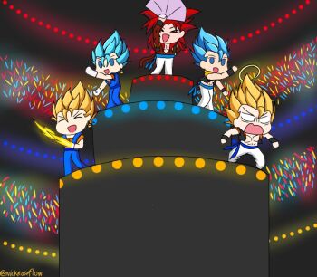 angry bang_dream! blonde_hair blue_eyes blue_hair dragon_ball dragon_ball_gt dragon_ball_super dragon_ball_super_broly dragonball_z earrings gogeta halo jacket jewelry monkey_tail multiple_boys nickroseflow pants potara_earrings red_hair saiyan self-upload smile spiked_hair stage super_saiyan super_saiyan_4 super_saiyan_blue tail vegetto white_pants