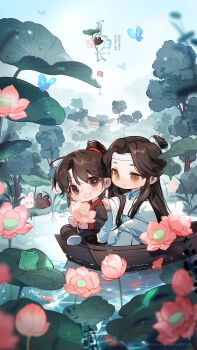 2boys absurdres ahoge animal black_boots black_hair black_hanfu black_rabbit_(animal) blue_butterfly blurry blurry_foreground boat boots bridge brown_hair bud bug butterfly chibi chibi_only chinese_clothes chinese_text commission couple day fish flower frog goldfish hand_on_another&#039;s_shoulder hanfu headband highres holding holding_flower insect lan_wangji leaf li_mu_zi lily_pad long_hair long_sleeves looking_at_another lotus lotus_leaf lotus_pod male_focus modao_zushi multiple_boys on_boat outdoors pink_flower pond ponytail rabbit robe seal_impression second-party_source shoe_soles sidelocks sitting sky smile tassel topknot tree water water_drop watercraft watermark wei_wuxian white_hanfu white_headband white_rabbit_(animal) wide_sleeves xiao_guan_(headdress) yaoi yaopei