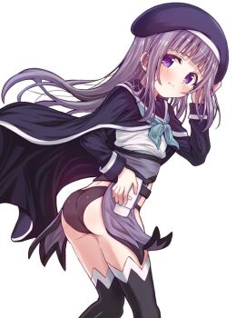 1girl arm_up ass belt black_cloak black_hat black_panties black_sleeves black_thighhighs blush brown_hair cloak commentary_request from_behind hand_on_headwear hand_on_own_hip hat loli long_hair looking_back magical_girl no_pants original panties purple_eyes shirt solo thighhighs thighs underwear white_shirt yozakura_souki yunako_fialard_(yozakura_souki)