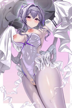 1girl absurdres aikunn8 alternate_breast_size_(larger) blush breasts commentary_request commission covered_navel detached_sleeves female_pubic_hair frills goddess_of_victory:_nikke hair_intakes highres jellyfish_girl large_breasts leotard liberalio_(nikke) nipples pantyhose pixiv_commission pubic_hair purple_hair pussy pussy_juice red_eyes short_hair_with_long_locks sleeves_past_fingers sleeves_past_wrists solo thighs torn_clothes torn_pantyhose tube uncensored undersized_breast_cup white_leotard white_pantyhose white_sleeves