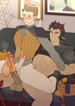 2boys abs all_saints_street angel animal_ears bara black_hair bottomless censored clothes_lift colored_condom commentary_request condom condom_on_penis couch demon_boy demon_horns demon_tail erection facial_hair goat_ears goatee_stubble halloween_bucket halloween_costume halo heart heart-shaped_pupils horns indoors kakenari large_penis lynn_angel male_focus mosaic_censoring multiple_boys muscular muscular_male nick_holt on_couch penis penis_size_difference red_halo short_hair stubble sweat symbol-shaped_pupils tail testicles twitter_username used_condom used_condom_on_penis yaoi