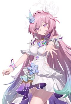 1girl absurdres aqua_hair bare_shoulders breasts chinese_commentary commentary_request cyrene_(honkai:_star_rail) cyrene_(ripples_of_past_reverie)_(honkai:_star_rail) diamond-shaped_pupils diamond_(shape) dress flower hair_flower hair_ornament highres honkai:_star_rail honkai_(series) large_breasts long_hair looking_at_viewer multicolored_hair pink_hair purple_eyes reaching reaching_towards_viewer simple_background smile solo symbol-shaped_pupils thighs very_long_hair white_background white_dress white_hair zhenchaqishi36340
