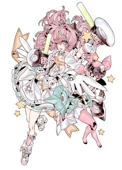 2girls black_bow blue_eyes blue_hair blue_streaks blush bow center_frills collarbone commentary dress dual_persona english_commentary fingerless_gloves frilled_sleeves frills full_body gloves glowstick green_bow green_eyes hair_bow highres holding holding_glowstick humanoid_robot joints layered_dress looking_at_viewer mechanical_arms mechanical_ears mechanical_legs metal_skin multicolored_hair multiple_girls one_eye_closed open_mouth penlight_(glowstick) pink_gloves pink_hair polka_dot polka_dot_bow robot robot_girl robot_joints shoes short_twintails simple_background sparkling_eyes star_(symbol) streaked_hair sweatdrop twintails white_background white_dress white_shoes xjgfhvg yutane_johiel zenless_zone_zero