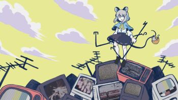 1girl album_cover animal_ears basket blue_capelet brown_shoes capelet cloud cloudy_sky commentary_request cover crt crystal dowsing_rod frown grey_hair grey_skirt highres holding_by_the_tail jewelry junk knees kurage_seek_room long_sleeves looking_to_the_side medium_hair mouse_(animal) mouse_ears mouse_girl mouse_tail nazrin pendant power_gorillas radio_antenna shirt shoes skirt sky solo static tail television test_card touhou train white_shirt yellow_sky |_|