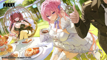 1boy 3girls :3 adjusting_hair black_dress bread breasts brown_pants brown_suit cake chair cleavage closed_mouth commander_(nikke) commentary_request crossed_legs crying crying_with_eyes_open cup day doro_(nikke) dorothy_(nikke) dress eating food formal_clothes fried_egg goddess_of_victory:_nikke grass guest_art hair_bun hair_ribbon highres holding holding_cup large_breasts long_hair long_sleeves looking_at_viewer macaron mendou_kusai multiple_girls necktie official_art on_chair open_mouth outdoors pants papillon_(nikke) pillow pink_hair purple_eyes purple_hair purple_ribbon ribbon sitting smile standing suit table tea teacup tears thigh_strap thumbs_up twintails white_dress white_necktie