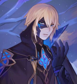 1boy arm_up black_cape black_gloves black_shirt blonde_hair blue_cape blue_eyes cape commentary dainsleif_(genshin_impact) double-parted_bangs english_commentary genshin_impact gloves half_mask highres kookirani long_sleeves looking_to_the_side male_focus mask mystical_high_collar parted_lips shirt sideways_glance solo two-sided_cape two-sided_fabric upper_body