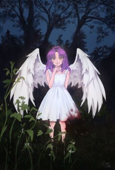 1girl absurdres angel_wings black_ribbon blood blood_on_clothes bow closed_mouth commentary curtained_hair dated dress eiyuu_densetsu english_commentary finger_to_mouth hair_bow hair_ribbon highres index_finger_raised kyria_iv long_hair looking_at_viewer outdoors parted_bangs renne_(eiyuu_densetsu) ribbon shushing signature sleeveless sleeveless_dress solo sora_no_kiseki spaghetti_strap sundress tree white_dress wings yellow_eyes