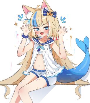 Rule 34 | ahoge, animal ear fluff, animal ears, bikini, bikini under clothes, blonde hair, blue bikini, blue bow, blue eyes, blue hair, blue sailor collar, blunt bangs, bow, cat ears, dress, fins, fish girl, fish tail, frilled bikini, frilled sailor collar, frills, hair bow, highres, indie virtual youtuber, lifebuoy hair ornament, long hair, low twintails, multicolored hair, nail polish, nemearts, sailor collar, sailor dress, sameko saba, short shorts, shorts, sleeveless, streaked hair, swimsuit, tail, twintails, very long hair, virtual youtuber, white dress, white shorts
