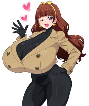 absurdres alternate_costume amanogawa_kirara bodysuit breasts emma_(pokemon) emma_(pokemon)_(cosplay) gigantic_breasts go!_princess_precure highres hitokiwa_kenchin impossible_bodysuit impossible_clothes pokemon pokemon_legends:_z-a precure skin_tight