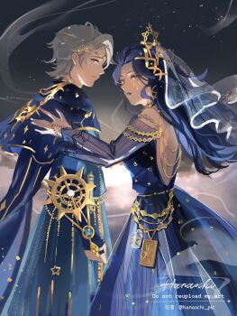 1boy 1girl ada_mesmer ada_mesmer_(everlasting_dream) backless_outfit blue_capelet blue_dress blue_eyes blue_hair blue_lips bridal_veil capelet couple cowboy_shot dress emil_(identity_v) emil_(tracing_light)_(identity_v) gold_trim hair_pulled_back hanaochi_pic hand_on_another&#039;s_shoulder hetero highres identity_v jewelry long_hair looking_at_viewer off_shoulder purple_eyes see-through_clothes see-through_sleeves single_hair_intake twitter_username veil watermark wavy_hair white_hair white_veil