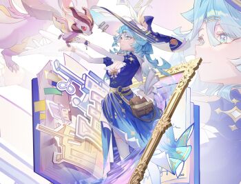 Rule 34 | 1girl, andersdotter (genshin impact), bag, blue dress, blue eyes, blue hair, blue hat, blunt ends, breasts, cleavage, closed mouth, commentary request, dragon, dress, durin (genshin impact), feet out of frame, genshin impact, hair between eyes, hair ornament, hairclip, hat, highres, korean commentary, long hair, looking at another, mini durin (genshin impact), mother and son, outstretched arms, reaching, reaching towards another, scroll, senpai0820, small dragon, smile, thighhighs, white thighhighs, witch hat, zoom layer