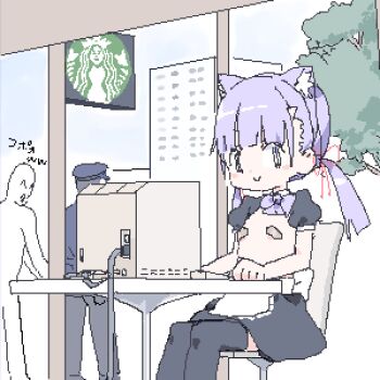 1girl 2boys :o ^_^ animal_ear_hairband animal_ears apron arrest at_computer bandaid bandaids_on_nipples black_skirt black_sleeves black_thighhighs blunt_bangs bow bowtie building cat_ear_hairband cat_ears chair city closed_eyes closed_mouth computer day facing_back fake_animal_ears feet_out_of_frame glass_wall hair_ribbon hairband indoors lokulo-chan_(lokulo_no_mawashimono) lokulo_no_mawashimono loli long_hair looking_at_viewer low_twintails lowres macintosh_128k miniskirt multiple_boys oekaki on_chair original pasties police police_uniform policeman puffy_short_sleeves puffy_sleeves purple_bow purple_bowtie purple_hair red_ribbon ribbon short_sleeves shrug_(clothing) sign sitting skirt smile starbucks table thighhighs topless_female tree twintails waist_apron