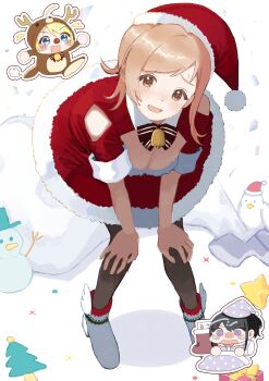 1_kozin 3girls @_@ absurdres animal animal_costume bell bird black_hair blonde_hair blue_eyes bow bowtie breasts brown_eyes chibi chibi_inset christmas christmas_stocking cleavage cleavage_cutout clothing_cutout collared_dress commentary_request dress full_body fur-trimmed_dress fur-trimmed_sleeves fur_trim hachimiya_meguru hands_on_own_knees hat highres idolmaster idolmaster_shiny_colors illumination_stars_(idolmaster) kazano_hiori leaning_forward mole mole_under_mouth multiple_girls neck_bell nightcap open_mouth pantyhose purple_eyes reindeer_costume running sack sakuragi_mano santa_costume santa_hat shoes short_sleeves shoulder_cutout smile snowman sweat twintails winged_shoes wings
