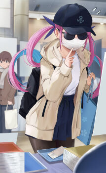 1boy 1girl absurdres anchor_symbol aqua_hair aqua_nails backpack bag baseball_cap black_pantyhose blue_skirt blush book brown_hair brown_jacket colored_inner_hair comiket commentary_request finger_to_mouth flying_sweatdrops hair_ribbon hat highres holding holding_bag hololive hood hooded_jacket index_finger_raised jacket light_blush long_hair mask minato_aqua mochiki_927 money mouth_mask multicolored_hair nail_polish pantyhose pink_hair ribbon scarf shirt shopping_bag shushing skirt sunglasses surgical_mask twintails two-tone_hair virtual_youtuber white_scarf white_shirt