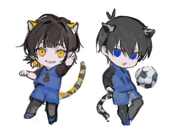 2boys ahoge animal_ears bachira_meguru ball black_bodysuit black_hair blonde_streaks blue_eyes blue_lock blue_shirt blue_shoes blue_shorts bodysuit chibi chibi_only commentary_request hand_up highres isagi_yoichi leg_up leopard_ears leopard_tail multiple_boys shirt shoes short_hair shorts sketch sleeveless sleeveless_shirt smile soccer_ball tail white_background yellow_eyes ysokzo