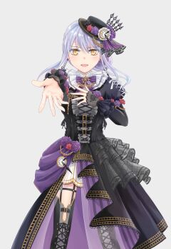 1girl absurdres bang_dream! black_bow black_dress blush bow clock commentary_request dress earrings feet_out_of_frame flower grey_hair hat highres jewelry looking_at_viewer minato_yukina open_mouth shih_lion simple_background solo standing yellow_eyes