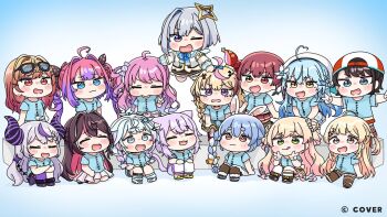 6+girls :d :q ahoge amane_kanata amane_kanata_(1st_costume) animal_ears azki_(hololive) backwards_hat baseball_cap beret black-framed_eyewear black_hair black_skirt blonde_hair blue_background blue_eyes blue_hair blue_shirt blue_skirt blush_stickers bow braid brown_hair brown_pantyhose brown_thighhighs carrot_hair_ornament cat_ears cat_girl cat_tail chibi closed_eyes closed_mouth clothes_writing commentary_request demon_horns double_bun double_v eyewear_on_head food-themed_hair_ornament glasses gradient_background grey_eyes grey_hair grey_jacket hair_bow hair_bun hair_intakes hair_ornament hair_over_shoulder hat heart heart-shaped_pupils heart_ahoge heterochromia himemori_luna hololive hololive_dev_is horns houshou_marine ichijou_ririka jacket jester_cap kikirara_vivi la+_darknesss long_hair low_twintails mizumiya_su mochimiko momosuzu_nene multicolored_hair multiple_girls nekomata_okayu omaru_polka oozora_subaru open_mouth otonose_kanade outstretched_arms pants pantyhose pink_hair pink_skirt pleated_skirt pp_tenshi_t-shirt purple_eyes purple_hair purple_thighhighs rabbit-shaped_pupils rabbit_ears rabbit_girl rabbit_tail red_eyes red_hair red_skirt shirt shoes short_sleeves shorts single_hair_intake single_thighhigh sitting skirt smile socks standing streaked_hair striped_clothes striped_shirt striped_socks striped_thighhighs symbol-shaped_pupils tail tears thighhighs tilted_headwear tongue tongue_out twin_braids twintails two-tone_hair two_side_up usada_pekora v vertical-striped_clothes vertical-striped_shirt vertical-striped_socks vertical-striped_thighhighs very_long_hair virtual_youtuber white_bow white_hair white_hat white_pants white_shoes white_shorts yellow_shoes yukihana_lamy