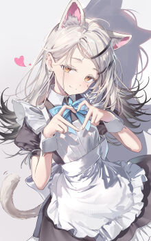 Rule 34 | 1girl, absurdres, animal ears, apron, black dress, blue bow, blue bowtie, bow, bowtie, brown eyes, cat ears, cat girl, cat tail, closed mouth, commentary request, dress, earrings, four-finger heart hands, gakuen idolmaster, grey hair, heart, heart hands, highres, idolmaster, jewelry, kemonomimi mode, long hair, looking at viewer, maid, maid apron, mojo (mojoawa), puffy short sleeves, puffy sleeves, shinosawa hiro, short sleeves, smile, solo, stud earrings, tail
