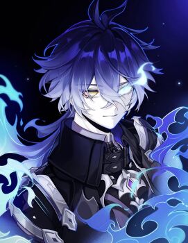1boy bags_under_eyes black_coat blue_background blue_fire blue_hair closed_mouth coat collared_coat daifuku_mei fiery_hair fire flaming_eye flins_(genshin_impact) genshin_impact gradient_hair hair_between_eyes highres light_smile long_hair long_sleeves looking_at_viewer multicolored_hair no_pupils pale_skin shade solo upper_body wavy_hair yellow_eyes