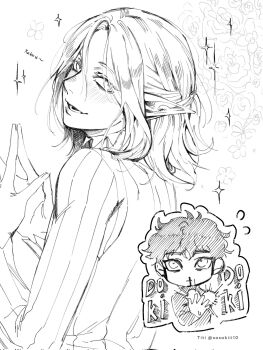 2boys aroused_nosebleed blood blush braid chibi chibi_inset curly_hair dark-skinned_male dark_skin dungeon_meshi elf floral_background half_up_braid heart highres kabru long_sleeves male_focus medium_hair mithrun mithrun_(young) monochrome multiple_boys nosebleed own_hands_together pointy_ears sasakiii10 shirt short_hair smile sparkle wavy_hair white_background yaoi