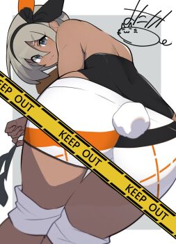 ass bea_(pokemon) blue_eyes bodysuit bodysuit_under_clothes border caution_tape dark-skinned_female dark_skin from_behind frown grey_background grey_hair hairband knee_pads looking_at_viewer looking_back mituyota_76 nintendo pokemon pokemon_swsh rabbit_tail shorts unworn_hairband unworn_headwear white_border