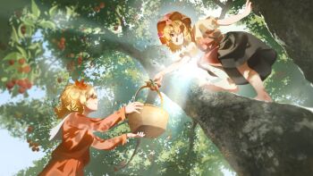 2girls :d absurdres aki_minoriko aki_shizuha apron artist_name barefoot basket black_skirt blue_sky chinese_commentary commentary_request day food fruit hair_ornament harvest hat highres holding holding_basket holding_food holding_fruit kinoko_(kino2435006) leaf_hair_ornament long_sleeves lychee mob_cap multiple_girls open_mouth orange_apron orange_hat outdoors partial_commentary puffy_short_sleeves puffy_sleeves red_eyes red_shirt red_skirt shirt short_hair short_sleeves siblings sisters skirt sky smile sunlight touhou tree yellow_shirt