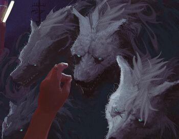 1other grey_eyes hand_up lamppost looking_at_viewer monster monster_focus night open_mouth original outdoors sharp_teeth teeth toy(e) wolf