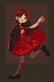 1girl alkemanubis brown_hair commentary dress english_commentary fake_horns highres horns long_hair original pantyhose red_dress solo variant_set