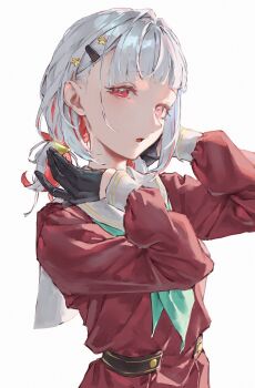 1girl aqua_neckerchief arms_up black_gloves brown_dress commentary diagonal_bangs dress gloves hair_ornament hairclip half_gloves hasu_no_sora_school_uniform highres link!_like!_love_live! long_sleeves looking_at_viewer love_live! low_twintails medium_hair multicolored_hair neckerchief on_your_mark_(love_live!) open_mouth pleated_dress red_eyes red_hair saidamoosu sailor_collar sailor_dress school_uniform short_twintails simple_background solo star_(symbol) star_hair_ornament streaked_hair triangle_hair_ornament twintails upper_body virtual_youtuber white_background white_hair white_sailor_collar winter_uniform yugiri_tsuzuri