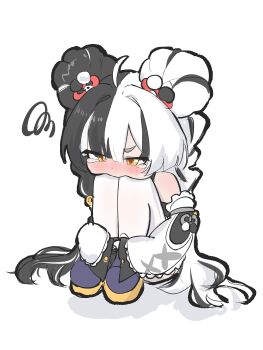 1girl absurdres ahoge bare_shoulders black_hair blush braid braided_twintails commentary detached_sleeves dialyn_(zenless_zone_zero) double_bun english_commentary hair_bun hair_extensions hair_intakes hair_ornament half-closed_eyes highres hugging_own_legs kesiutu knees_to_chest long_hair multicolored_hair panda_hair_ornament ring_hair_extensions short_eyebrows simple_background solo sparkling_eyes split-color_hair squiggle tears thick_eyebrows thighhighs white_background white_hair white_thighhighs yellow_eyes zenless_zone_zero