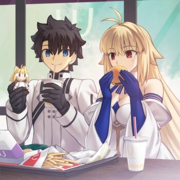 1boy 1girl antenna_hair archetype_earth archetype_earth_(third_ascension) arcueid_brunestud bare_shoulders black_hair blonde_hair blue_eyes blue_gloves breasts burger cleavage detached_sleeves dress fate/grand_order fate_(series) food french_fries fujimaru_ritsuka_(male) fujimaru_ritsuka_(male)_(decisive_battle_chaldea_uniform) gloves holding holding_toy jacket large_breasts long_hair mcdonald&#039;s neco-arc red_eyes shoori_(migiha) short_hair strapless strapless_dress toy tsukihime upper_body wcdonald&#039;s white_dress white_jacket white_sleeves