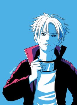 Rule 34 | 1boy, boruto: naruto next generations, facial mark, forehead protector, highres, jacket, konohagakure symbol, limited palette, male focus, matsu (fu6ide2), naruto (series), parted lips, solo, twitter username, upper body, uzumaki boruto, whisker markings