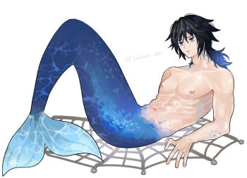 1boy abs absurdres black_hair blue_eyes commentary_request empty_eyes full_body hair_between_eyes highres kimetsu_no_yaiba korean_commentary long_hair low_ponytail male_focus merman monster_boy nipples parted_lips pectorals ponytail simple_background soboru_jmt solo spiked_hair tomioka_giyuu toned toned_male twitter_username white_background