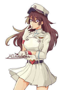 1girl 2023 absurdres bambietta_basterbine belt black_hair bleach bleach:_sennen_kessen-hen breasts buckle female_focus gloves hat heart heart-shaped_buckle highres large_breasts long_hair mihonoke_63 military_hat quincy_(bleach) simple_background skirt solo standing sternritter white_background white_gloves