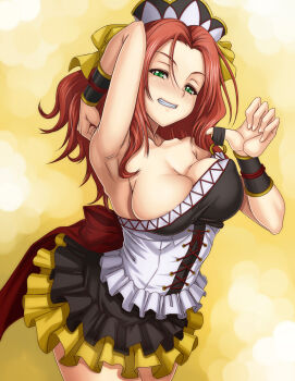 1girl areola_slip arm_up armpits bare_shoulders bracelet breasts cleavage female_focus green_eyes grin highres jewelry kouryuuji_mii large_breasts looking_at_viewer project_x_zone puffy_nipples red_hair skirt smile solo syunzou
