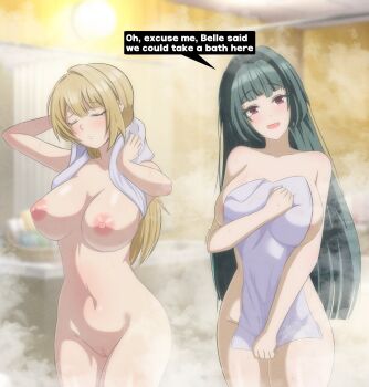 Rule 34 | 2girls, absurdres, astra yao, black hair, blonde hair, cleft of venus, commentary, completely nude, english commentary, english text, evelyn chevalier, highres, holding, holding towel, long hair, looking at viewer, multiple girls, naked towel, navel, nipples, nude, onsen, oxicmar, pussy, red eyes, speech bubble, steam, stomach, towel, uncensored, very long hair, zenless zone zero