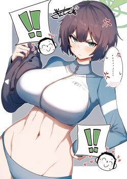 ! !! &gt;:( 1girl anger_vein bikini blue_archive blue_bikini blush breasts bucket_hat doodle_sensei_(blue_archive) furrowed_brow gin_moku green_halo groin halo hand_on_own_hip hand_up hat highres holding holding_unworn_clothes holding_unworn_hat large_breasts long_sleeves looking_at_viewer navel navel_focus official_alternate_costume purple_hair raglan_sleeves rash_guard saki_(blue_archive) saki_(swimsuit)_(blue_archive) sensei_(blue_archive) short_hair signature small_sweatdrop stomach swimsuit unworn_hat unworn_headwear upper_body v-shaped_eyebrows