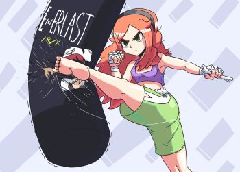 Rule 34 | 1girl, 4chan, 8chan, angry, bandaged hand, bandages, blue background, feet, gamergate, green eyes, green shorts, headband, highres, kickboxing, kicking, legs, looking at object, nettopainter, orange hair, punching bag, purple sports bra, shorts, sports bra, vivian james