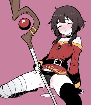 1girl absurdres akableak arm_support bandaged_leg bandages bare_shoulders belt belt_buckle between_legs black_belt black_choker black_gloves black_panties black_thighhighs blush bow bow_panties breasts buckle cameltoe choker clothes_lift collarbone covered_erect_nipples crotch_rub dress dress_lift dripping female_masturbation fingerless_gloves gloves hair_over_shoulder half-closed_eyes highres holding holding_staff kneeling kono_subarashii_sekai_ni_shukufuku_wo! lace lace-trimmed_panties lace_trim leaning_back loli long_sleeves mage_staff masturbation megumin midriff_peek nose_blush off-shoulder_dress off_shoulder panties parted_lips pink_background pussy_juice raised_eyebrows red_bow red_dress short_dress short_hair short_hair_with_long_locks simple_background single_thighhigh skindentation small_breasts solo spread_legs staff sweat thighhighs underwear very_sweaty yellow_trim