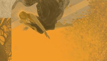 1girl absurdres armlet barefoot black_dress blonde_hair circlet closed_eyes commentary dress elden_ring english_commentary floating_clothes from_above full_body gold_armlet gold_circlet gold_trim gvales_(hvfrue) highres jewelry leaf long_hair plunging_neckline queen_marika_the_eternal reaching signature sitting solo yellow_background yellow_theme