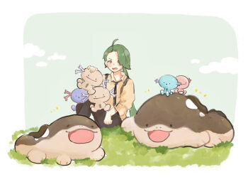 Rule 34 | > <, 1girl, ahoge, alternate color, black pants, border, clodsire, collared shirt, commentary request, gen 2 pokemon, grass, green hair, nintendo, open mouth, paldean wooper, pants, pokemon, pokemon (creature), pokemon sv, ponytail, puyu (ssyakani), red eyes, rika (pokemon), shiny pokemon, shirt, sitting, suspenders, white border, white shirt, wooper