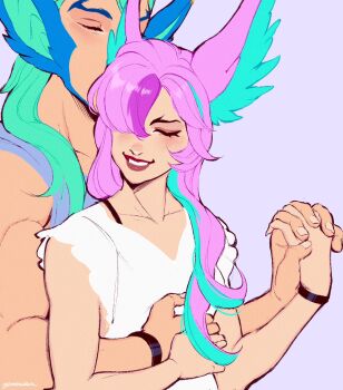 1boy 1girl alternate_costume animal_ears aqua_hair aqua_streaks blue_tank_top blush bra_strap bracelet closed_eyes collarbone dress green_(greeniris) grey_background hand_on_another&#039;s_hand height_difference hetero highres holding_hands hug hug_from_behind jewelry league_of_legends matching_accessory multicolored_hair muscular muscular_male official_alternate_hair_color official_alternate_hairstyle pink_hair rakan_(league_of_legends) red_lips redeemed_star_guardian_rakan redeemed_star_guardian_xayah simple_background smile streaked_hair tank_top teeth twitter_username upper_body white_dress xayah
