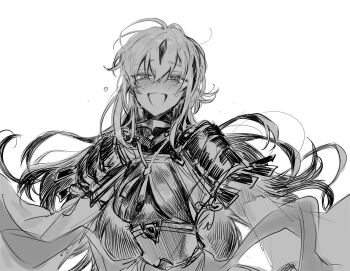 1girl armor azf_go black_hair blush commentary crazy_eyes fate/grand_order fate_(series) greyscale highres japanese_armor looking_at_viewer monochrome multicolored_hair nagao_kagetora_(fate) open_mouth shoulder_armor simple_background sketch smile sode solo sweat twitter_username two-tone_hair white_background white_hair