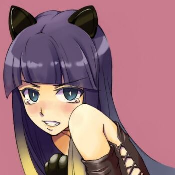 1girl animal_ears animal_hands bare_shoulders black_ears black_hair black_sleeves black_tank_top blue_eyes blunt_bangs blush bright_pupils cat_ears cat_tail child clenched_teeth commentary_request cross-laced_clothes cross-laced_top detached_sleeves embarrassed fake_animal_ears gloves inomata_mamoru kuroyoru_umidori long_sidelocks looking_at_viewer lowres multicolored_hair partial_commentary paw_gloves pink_background sidelocks simple_background solo tail tank_top tears teeth toaru_majutsu_no_index toaru_majutsu_no_index:_new_testament two-tone_hair upper_body white_pupils