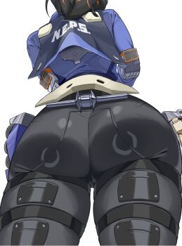 1girl absurdres ass ass_focus black_hair black_pants blue_jacket cowboy_shot from_behind from_below goma. highres jacket long_hair multicolored_hair pants police police_uniform red_hair simple_background solo standing streaked_hair thighs white_background zenless_zone_zero zhu_yuan