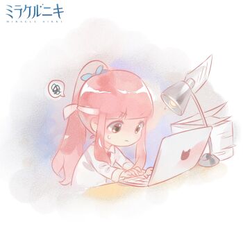 1girl artist_request black_necktie blue_bow blunt_bangs bow brown_eyes chibi closed_mouth collared_shirt commentary_request computer copyright_name cropped_torso desk_lamp frown frustrated hair_bow hair_tie headband highres lamp laptop logo long_hair long_sidelocks looking_at_object miracle_nikki necktie nikki_(nikki) nikki_(series) official_art paper_stack pink_hair second-party_source shirt sidelocks sleeve_cuffs solo spoken_squiggle squiggle sweatdrop table tareme typing white_background white_headband white_shirt