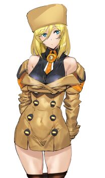 1girl ashiomi_masato black_pantyhose blonde_hair blue_eyes breasts covered_navel fur_hat guilty_gear guilty_gear_strive hat long_hair looking_at_viewer millia_rage pantyhose simple_background solo white_background