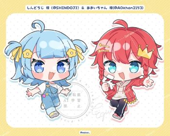 2girls :3 :d ahoge aoi-chan_(vtuber) bandaid bandaid_on_cheek bandaid_on_face black_pants blue_eyes blue_hair blue_overalls blunt_bangs blush_stickers border character_name chibi chibi_only commentary_request crown_hair_ornament drawstring drop_shadow egissi full_body hair_ribbon hood hood_down hoodie indie_virtual_youtuber jacket long_sleeves looking_at_viewer multiple_girls open_clothes open_jacket open_mouth outstretched_arm overalls pants polka_dot polka_dot_background red_hair red_jacket red_shoes ribbon sample_watermark shindouji_(vtuber) shoes short_hair smile standing standing_on_one_leg twitter_username two_side_up virtual_youtuber watermark watermark_grid white_background white_hoodie yellow_border yellow_ribbon yellow_shoes