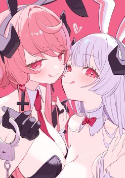 2girls absurdres animal_ear_hairband animal_ears asymmetrical_docking bare_shoulders bernina_(stella_sora) between_breasts black_gloves black_leotard bow bowtie breast_press breasts cleavage commentary demon_girl demon_horns detached_collar escape_25dm fake_animal_ears fang frilled_wrist_cuffs frills gloves grey_hair hairband handcuff_dangle heart heart_in_eye height_difference highres holding_hands horns interlocked_fingers large_breasts leotard licking_lips light_blush long_hair looking_at_viewer multiple_girls necktie necktie_between_breasts official_alternate_costume pink_hair playboy_bunny rabbit_ears red_background red_bow red_bowtie red_eyes red_necktie skin_fang smile stella_sora symbol_in_eye tongue tongue_out traditional_bowtie twitter_username upper_body virigia_(stella_sora) white_wrist_cuffs wrist_cuffs